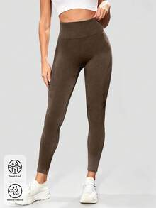 Minimal Curved Contour Knit Seamless Leggings, Sculpted Figure Fit For Everyday Active Movement - Coffee Brown - View 3