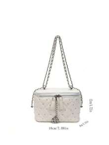 Bolso de cadena diagonal de moda, bolso cuadrado estructurado, bolso acolchado brillante con adornos de strass para mujeres - Blanco - Ver 3