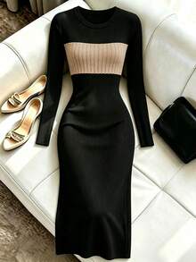 New Women's Autumn Dress, Elegant Colorblock Patchwork, Round Neck, Slim Fit, Cable Knit Ribbed Slit Bodycon Dress - Black - View 2