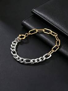 1pc Fashion Men's Stainless Steel Creative Dual-Color Patchwork Bracelet, Versatile Daily Decorative Gift For Boyfriend - Multicolor - View 2