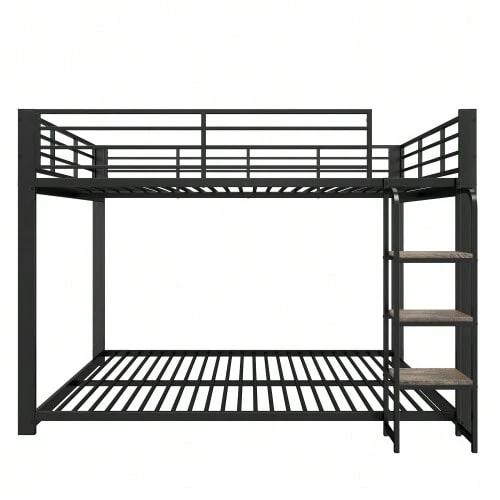 140*200CM Metal Loft Bed / Bunk Bed With Wooden Staircase Storage, Stable Double Bed In Black - Black - View 1