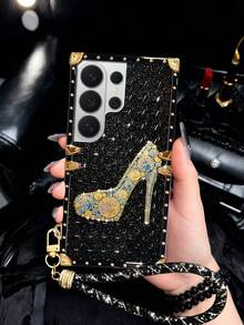 1pc Black Hot Stamping Foil + 3D Raised Spot UV With Holographic Glitter Heart Pattern Anti-Drop Fashion Phone Case Rectangular, With Black Wrist Strap, European And American Style, Large Camera Hole, Luxury, Valentine's Day Gift, Shockproof Compatible With Apple Compatible With IPhone 17promax/17/16 15 14 13 Promax/15 14 Plus/Compatible With Samsung Compatible With Galaxy S26Ultra/S26 Plus/S26/S25 S24 S23 S22 Ultra/S25+FE/A57/A56/A37/A36/A17/A16 - Black Gold Foil Embossed Glitter + Wrist Strap - View 6