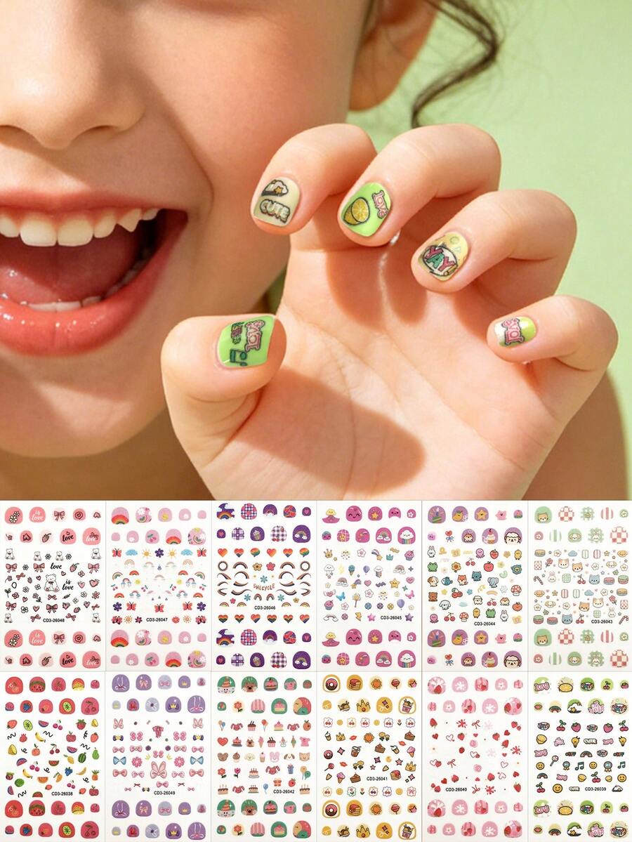 13 Lembar Stiker Kuku Motif Kartun Hewan Lucu, Stiker Kuku Anak Motif Buah dan Makanan Penutup, Dekorasi Kuku Anak/Hadiah Anak