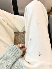 White Rhinestone Embellished Knit Wide Leg Pants, High Waist, Autumn/Winter New Style, Slouchy Chic, Draped, Slimming, Versatile Straight Leg Pants For Women - White - View 3