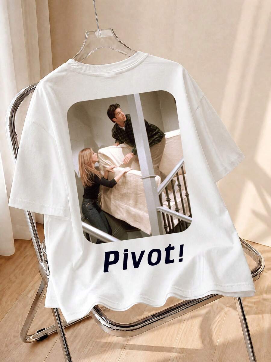 SHEIN X FRIENDS White Double Sided Friends Oversized Tee, Front Classic Logo Back Pivot Sofa Moving Scene Portrait Print Casual Summer - White - View 1