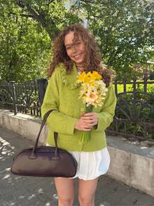 Women's Green Short Knit Cardigan With Large Ruffle Collar And Buttons, Suitable For Garden, Street, Daily Casual, Autumn/Winter Wear - Green - View 7