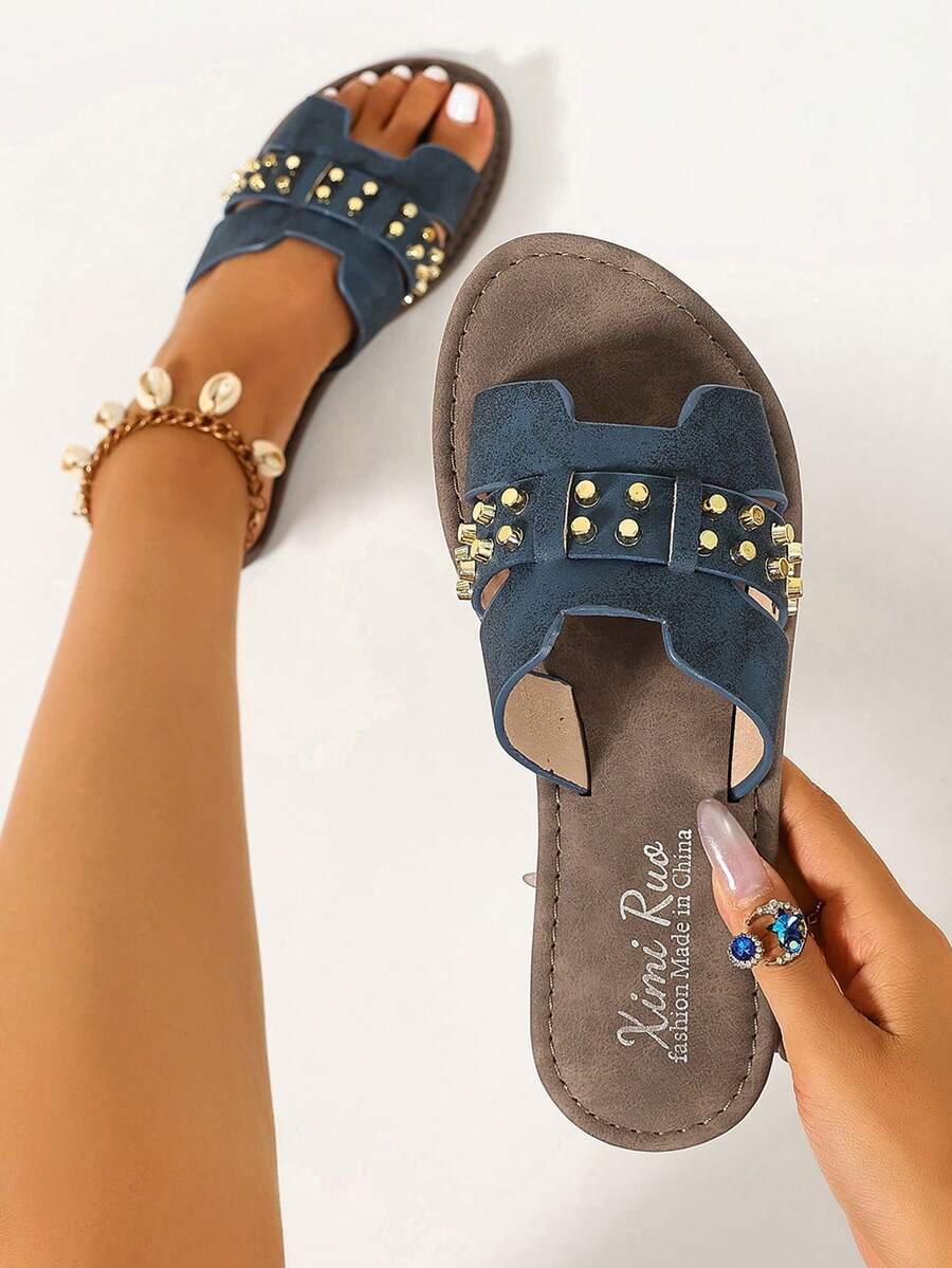 Ximi Ruo Korean Style Casual Flat Slide Sandals For Women, Open Toe Woven Roman Sandals, New Spring Summer Fashion French Style Brown Flat Shoes For Beach, Apartment, Outdoor Wear, Matching With Skirts - Blue - View 1