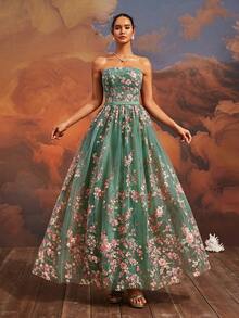 VIPGIRL Elegant Dreamy Pink Strapless Floral Gown, Lace-Up Back, Flowing Tulle Skirt, Ball Gown, Women's Formal Evening Dress - Mint Green - View 4