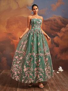VIPGIRL Elegant Dreamy Pink Strapless Floral Gown, Lace-Up Back, Flowing Tulle Skirt, Ball Gown, Women's Formal Evening Dress - Mint Green - View 7