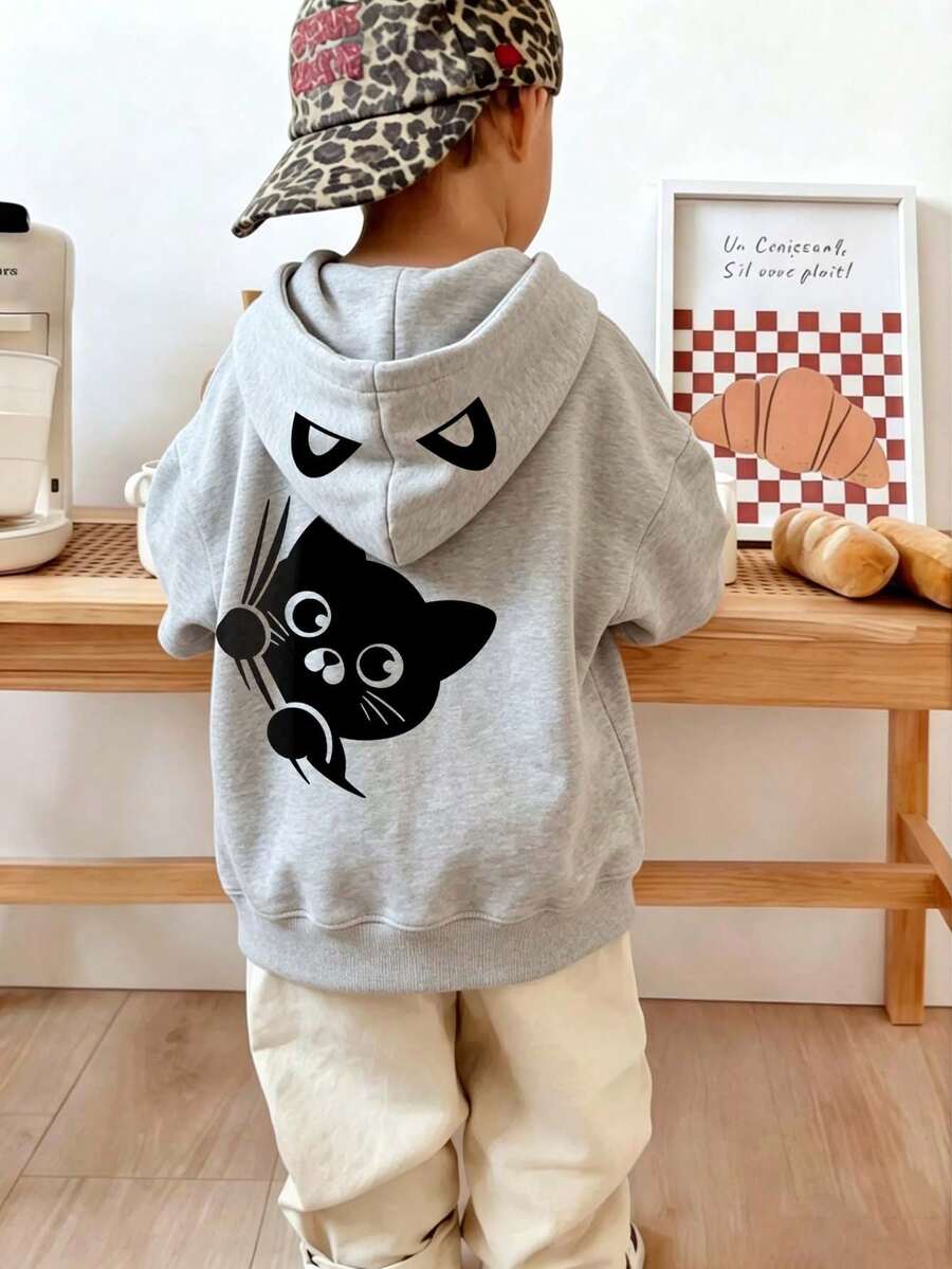Young Boy Fun Print Pullover Sweatshirt, Warm & Comfortable Thermal Lined Pullover Sweatshirt For Autumn/Winter - Grey - View 1