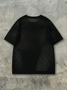 ANDREILEE Men's Knitted Top, Neutral Casual Street Style, American Flag Hollow Out Semi-Sheer Short Sleeve Loose Crew Neck Pullover T-Shirt, Spring/Summer - Black - View 7