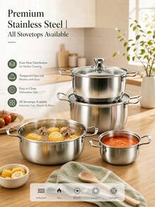 MiLaiWP 8/6/2pcs Stainless Steel Cookware Set, Thickened Stainless Steel Soup Pot Cooking Pot Set, Pots And Pans Set, Stackable/Dishwasher /With Visible Glass Lid, Heat-Resistant Handle, Kitchen Essential Appliance, All Stoves - View 5