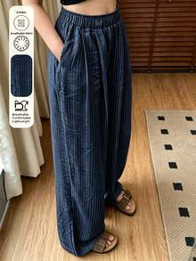 Women's Casual Versatile Striped Pocket Long Pants For Daily Wear - Navy Blue - View 1