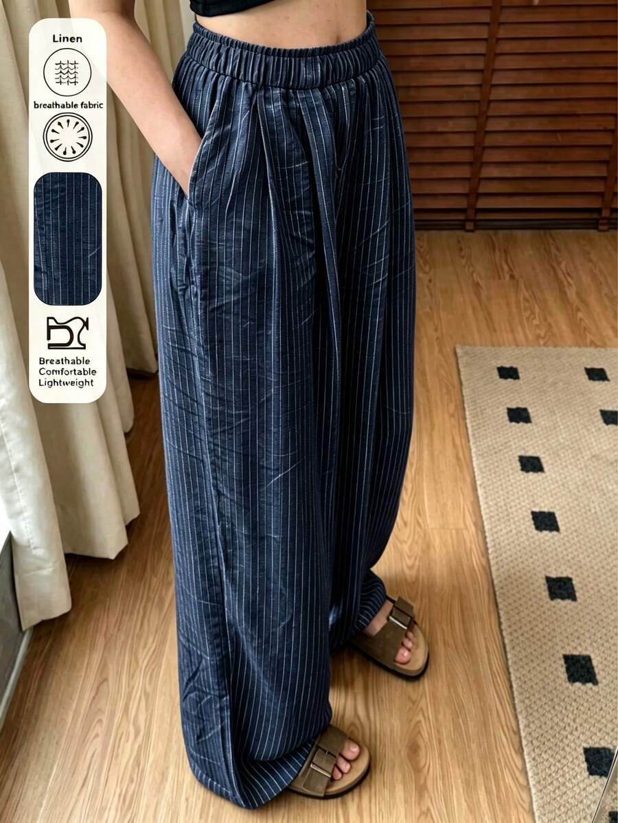 Women's Casual Versatile Striped Pocket Long Pants For Daily Wear - Navy Blue - View 1