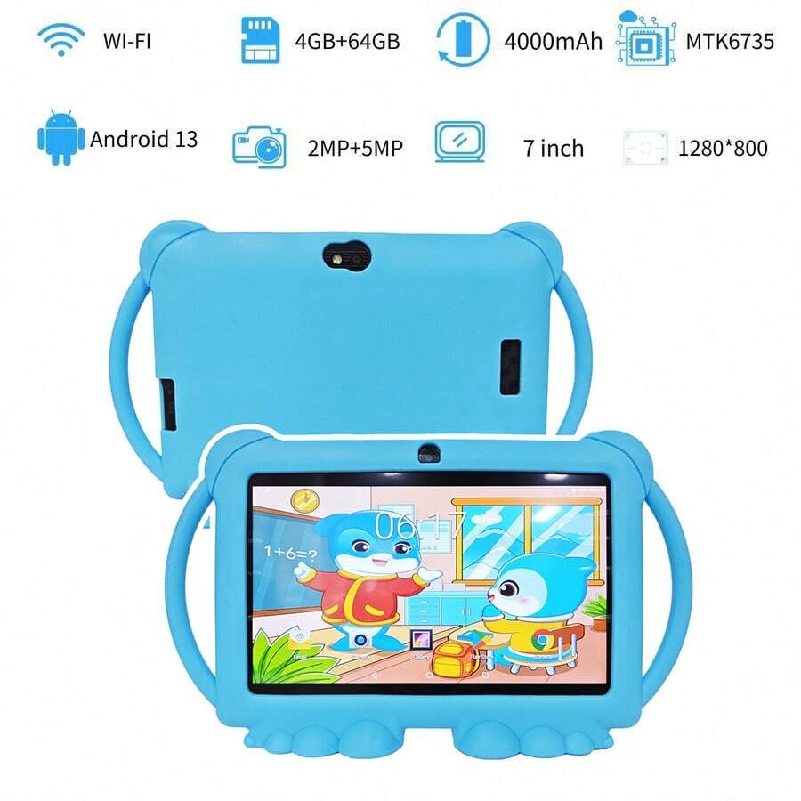 4GB RAM + 64GB ROM / 7-Inch Tablet / Quad-Core 1.3GHz / Android 13 MTK8321 / 1280x800 HD IPS Display / 2MP+5MP Camera / 4000mAh Battery / WiFi, Parental Control, Education, Games / ABS Plastic + Silicone, Educational Tablet