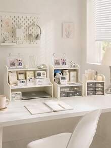 1pc Double Layer Desktop Organizer, Height-Increasing Storage Rack For Students And Office Workers, Can Store Cosmetics, Stationery, Books; Suitable For Dorms, Study Desks, Bedrooms, Home Offices, Fits Back To School And Autumn Semester - White - View 1