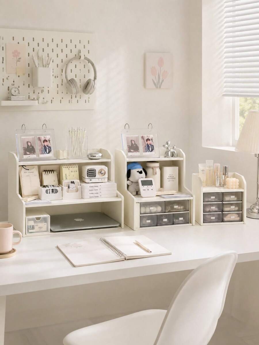 1pc Double Layer Desktop Organizer, Height-Increasing Storage Rack For Students And Office Workers, Can Store Cosmetics, Stationery, Books; Suitable For Dorms, Study Desks, Bedrooms, Home Offices, Fits Back To School And Autumn Semester - White - View 1