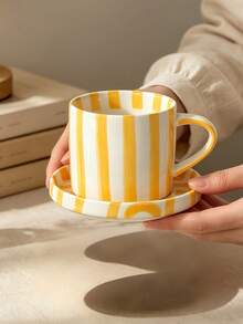 Multicolor Vertical Striped Ceramic Coffee Mug With Matching Saucer, 3 Colors Red Yellow Black Strip Porcelain Latte Tea Cup Set, Retro French Aesthetic Breakfast Drinkware, Romantic Gift For Valentine Birthday Housewarming - Multicolor - View 18
