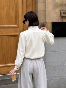 女款優雅純色立領鈕扣開襟輕便外套，秋季戶外上衣 - 米色 - 查看 7