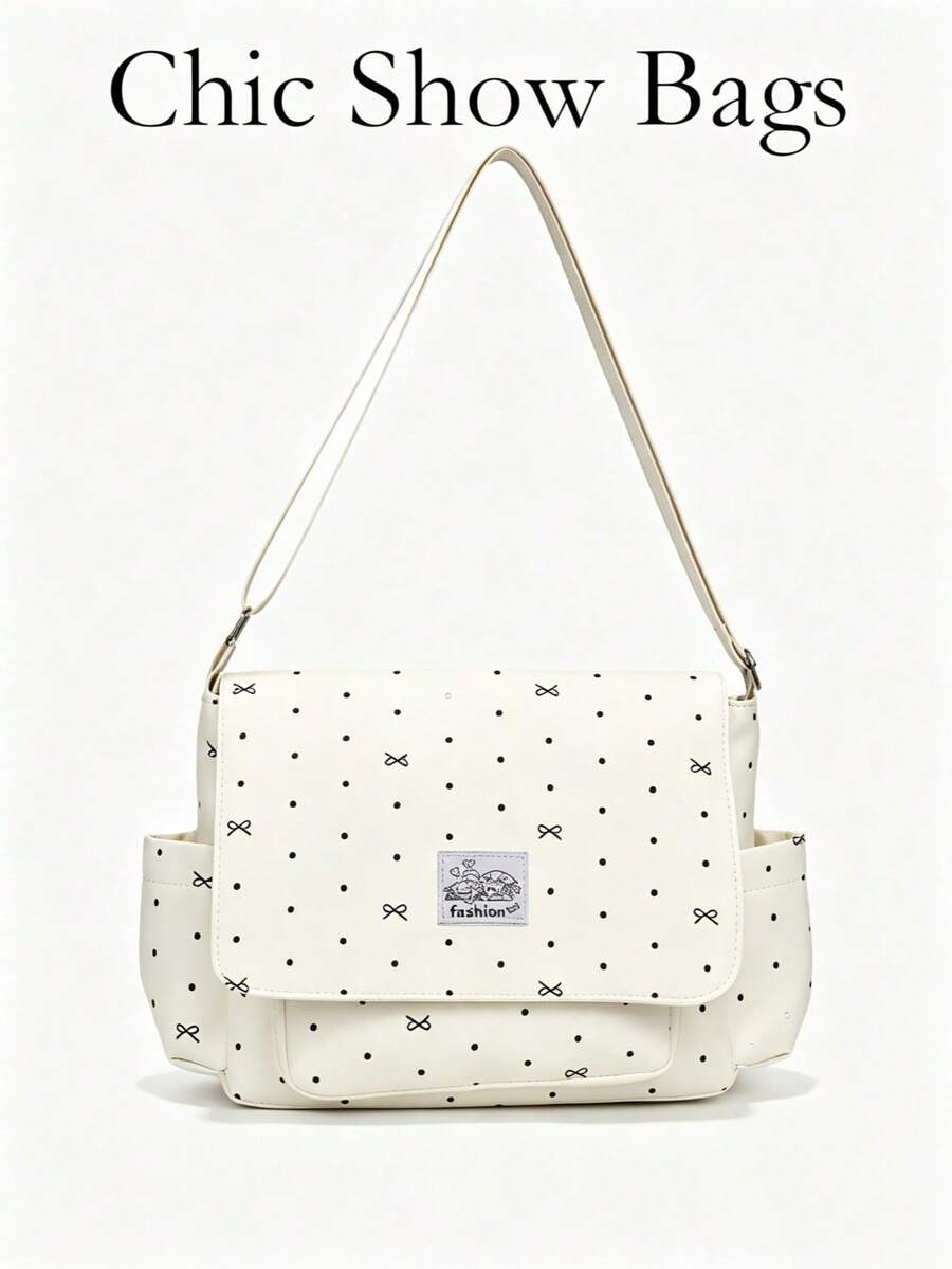 Women Messenger Shoulder Bag,Flap Satchel,Polka Dot Bow Print,Adjustable Strap,Multi‑Pocket Large Capacity,Daily School Travel Bag For Teen Girls - Multicolor - View 1