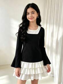 Sweet Dress For Tween Girls, 2 Pieces Style Long Sleeve Princess Dress, Square Neck Black & White Contrast Color Flare Sleeve Top, Multi-Layer Ruffle Cake Hem - Black - View 1