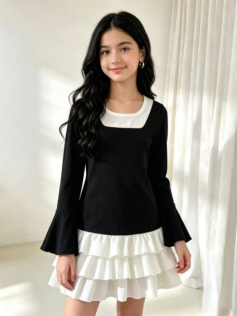 Sweet Dress For Tween Girls, 2 Pieces Style Long Sleeve Princess Dress, Square Neck Black & White Contrast Color Flare Sleeve Top, Multi-Layer Ruffle Cake Hem - Black - View 1