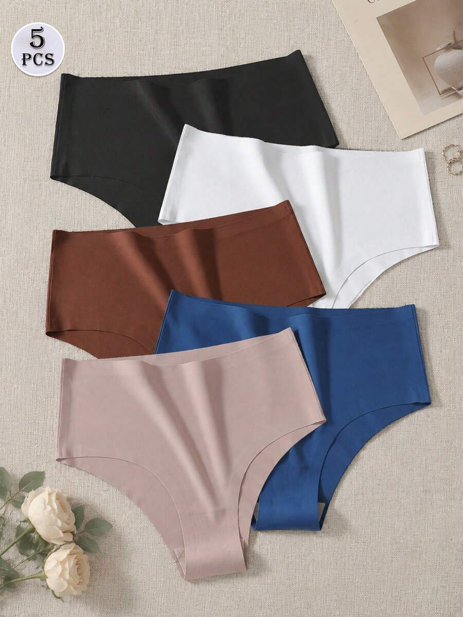 5pcs Women's Seamless High Waist Basic Panties, High Elasticity Brazilian Style - Multicolor - View 1