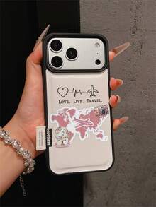 1pc Premium Fashion Personalized Pink Airplane Line Drawing Flower Camera Earth Letter Heart Pattern Leather Phone Case, Full Coverage Anti-Drop Soft Shell Large Hole Compatible With Samsung/Apple 17 Pro Max/11/12/13/14/15/16 Pro Max/17 And Other Models, Holiday Gift - Multicolor - View 2
