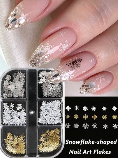 6 Rejillas de Encantos de Uñas de Metal con Diseño de Copo de Nieve Surtido (Dorado, Plateado, Blanco) – Diseños Lindos con Tema de Invierno para Manicuras DIY y Uso en Salón