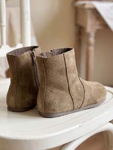 1 Pair 2026 New Children's Ankle Boots, Minimalist Back Zipper Solid Color Design, Korean Gentle Casual Style, Versatile For Daily Wear - Khaki - View 6