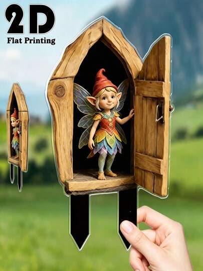 1pc 2D Flat Garden Stake (Fairy Ground Stake Decor), Garden Decoration, With 2 Stakes At The Bottom, Suitable For Soil, Flower Pots, Lawns, Fairy Tale Theme Decor, Balcony Flower Pots, Micro Landscapes, Moss Potted Plants Decoration, Essential For Outdoor Decor. Garden Essential.