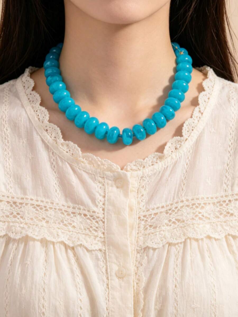 1pc Dopamine Blue Abacus Bead Necklace, Acrylic Beaded Vacation Versatile Candy Color Necklace - Blue - View 1
