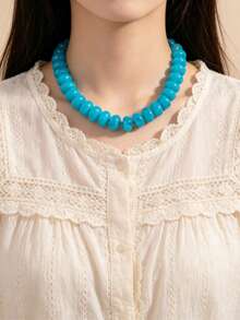 1pc Dopamine Blue Abacus Bead Necklace, Acrylic Beaded Vacation Versatile Candy Color Necklace - Blue - View 6