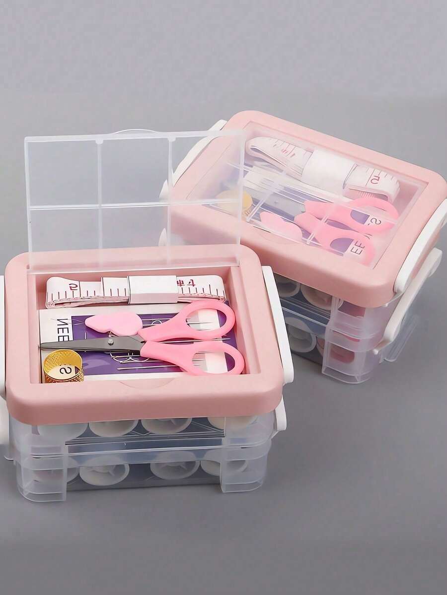 Portable Home Sewing Kit, Multi-Layer Creative Needle & Thread Box, Suitable For Beginners, Travelers And Adults, Includes Hand Sewing Repair Tools And Accessories, Sewing Supplies, Including Various Colors Of Thread, Needles, Seam Rippers, Scissors, Thimbles, Etc. Home Sewing Set, Multi-Function Needle & Thread Box, Storage Bag, High-End Sewing Kit, Student Dorm Portable Travel Accessory - Pink - View 1