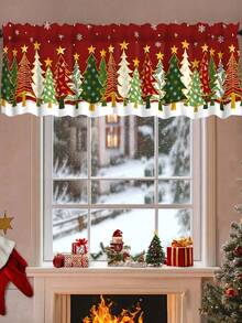 1pc Christmas Tree Curtain Valance, Christmas Tree Pattern, Polyester Material, Rod Pocket, Suitable For Kitchen, Living Room, Bedroom, Christmas Kitchen Decor, Home Holiday Decoration - Green - View 1
