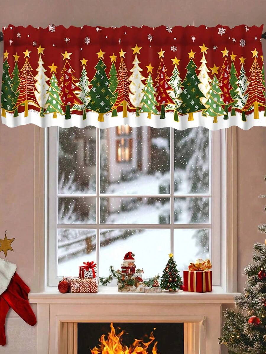1pc Christmas Tree Curtain Valance, Christmas Tree Pattern, Polyester Material, Rod Pocket, Suitable For Kitchen, Living Room, Bedroom, Christmas Kitchen Decor, Home Holiday Decoration - Green - View 1