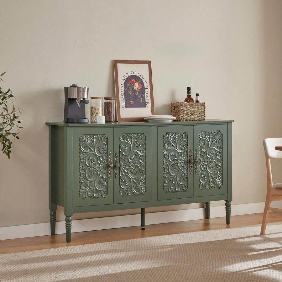 Aparador con tallados en relieve antiguos, amplio espacio de almacenamiento y esquinas redondeadas - mueble de almacenamiento clásico para comedor, sala de estar y pasillo (azul marino) - Verde - Ver 1