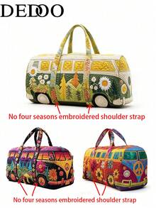 Dedoo Vintage Hippie Van Print Travel Luggage Bag, Peace Sign & Floral Weekend Tote, Women's Casual Bohemian Style Vacation Storage Bag - Multicolor - View 3