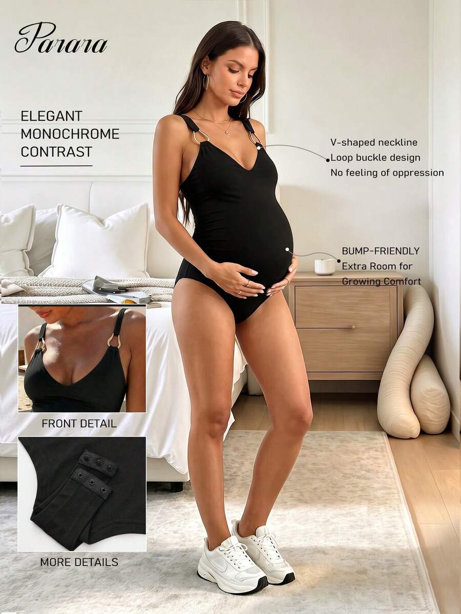 Parara Maternity Sleeveless V-Neck Elastic Bodysuit Black Summer - Black - View 1