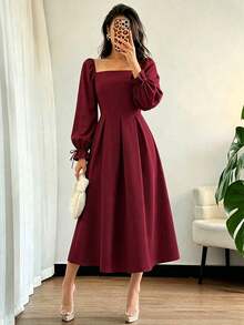 Women's Formal Square Neck Midi Dress, Long Pleated Ruffle Sleeves, Flared A-Line Non-Stretch Woven Fabric - Burgundy - View 3