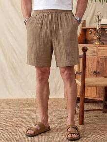 glestore Men's Vintage "Old Money Style" 100% Pure Cotton Double-Layer Pleated Shorts, Suitable For Casual, Vacation And Home Wear, Versatile - Brown - View 1