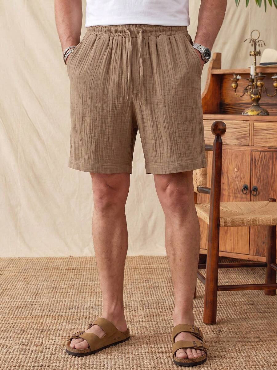 glestore Men's Vintage "Old Money Style" 100% Pure Cotton Double-Layer Pleated Shorts, Suitable For Casual, Vacation And Home Wear, Versatile - Brown - View 1
