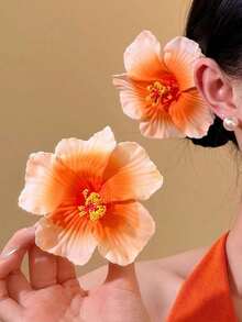 1件夏威夷木槿花髮夾，優雅波希米亞風布製髮簪，適合女性，海灘度假與派對飾品 - 橘色漸層 - 查看 3
