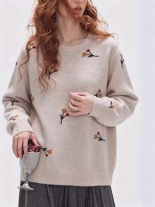 New Autumn/Winter Women's Elegant Gentle Style Botanical Print Round Neck Pullover Sweater - Apricot - View 4