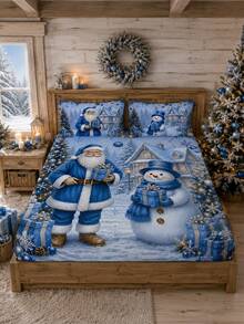 3PCS Christmas Cartoon Snowman & Santa Claus Bed Sheet & Pillowcase Set, (1PC Bed Sheet + 2pcs Pillowcases, Pillow Inserts Not Included,) Polyester Digital Print, Christmas Theme Pattern, Cartoon Warm Christmas Non-Slip Bedding Set, Machine Washable, Bedroom Holiday Home Textile - Multi-color 3 - View 3
