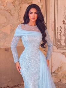 Faeriesty Luxurious Elegant Mermaid Tulle Layered Beaded Formal Evening Gown, Suitable For Party And Wedding Fall - Baby Blue - View 4
