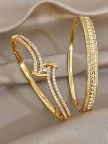 18K Gold Plated Luxury Rhinestones Bangle Bracelet For Women Stackable Double Strand Copper Bangle For Party Birthday Valentine Jewelry Gifts - Multicolor - View 1
