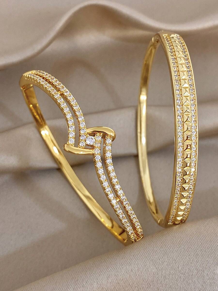 18K Gold Plated Luxury Rhinestones Bangle Bracelet For Women Stackable Double Strand Copper Bangle For Party Birthday Valentine Jewelry Gifts - Multicolor - View 1