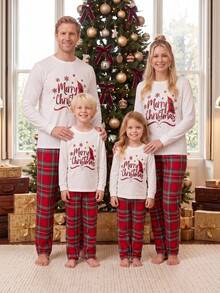 Christmas Family Matching Pajamas Set Print Long Sleeve Tops, Plaid Pants - Red - View 5