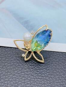 1pc Anti-Exposure Brooch For Women, Elegant Blue Pearl Butterfly Brooch Pin Accessory - Gold - View 5